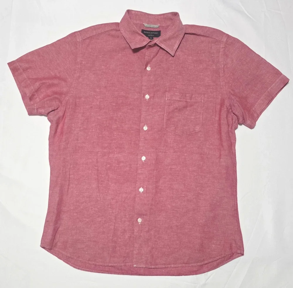 Banana Republic Men's Medium Pink Linen Cotton Slim Fit Short Sleeve Shirt SP16